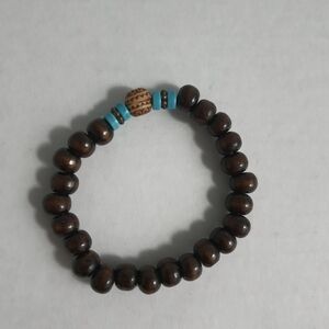 Brown Wooden Beaded Bracelet with Turquoise Accents